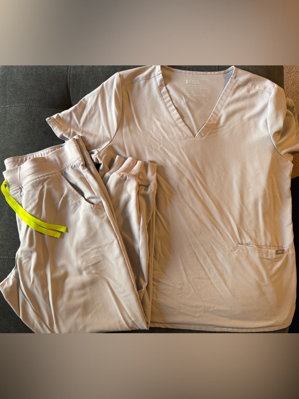 Figs Light Taupe Scrub Set with Neon Yellow Drawstring